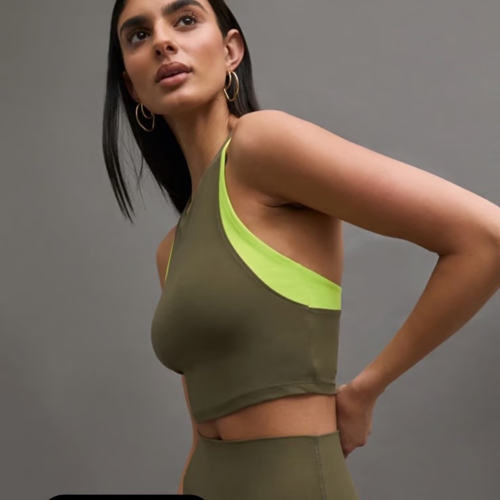 Carbon38 Olive Green and Neon Yellow One-Shoulder Tank